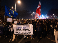 Georgia pro-Europe demonstrators hold Georgian and European flags during a protest against the Government's postponement of European Union a...