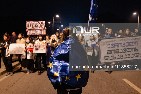 A pro-Europe demonstrator in Georgia holds a European flag during a protest against the government's postponement of European Union accessio...