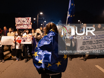 A pro-Europe demonstrator in Georgia holds a European flag during a protest against the government's postponement of European Union accessio...