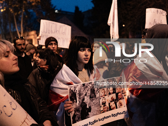 Georgia pro-Europe marchers protest against the government's postponement of European Union accession talks until 2028, outside the Parliame...