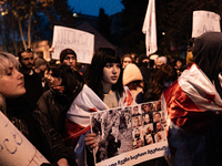 Georgia pro-Europe marchers protest against the government's postponement of European Union accession talks until 2028, outside the Parliame...