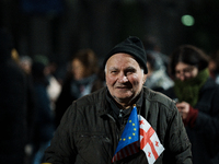 Georgian pro-Europe demonstrators gather during a protest against the government's postponement of European Union accession talks until 2028...