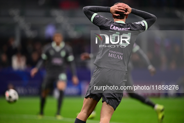 Francesco Camarda of AC Milan looks on during the UEFA Champions League match between AC Milan and FK Crvena Zvezda at Giuseppe Meazza in Mi...