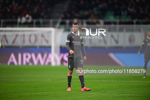 Francesco Camarda of AC Milan looks on during the UEFA Champions League match between AC Milan and FK Crvena Zvezda at Giuseppe Meazza in Mi...