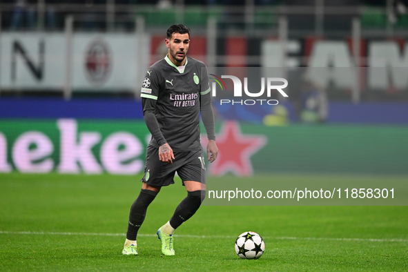 Theo Hernandez of AC Milan is in action during the UEFA Champions League match between AC Milan and FK Crvena Zvezda at Giuseppe Meazza in M...