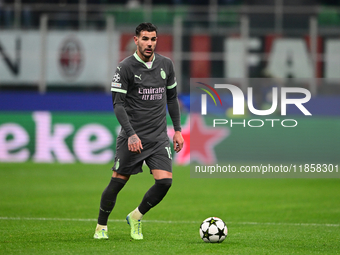 Theo Hernandez of AC Milan is in action during the UEFA Champions League match between AC Milan and FK Crvena Zvezda at Giuseppe Meazza in M...