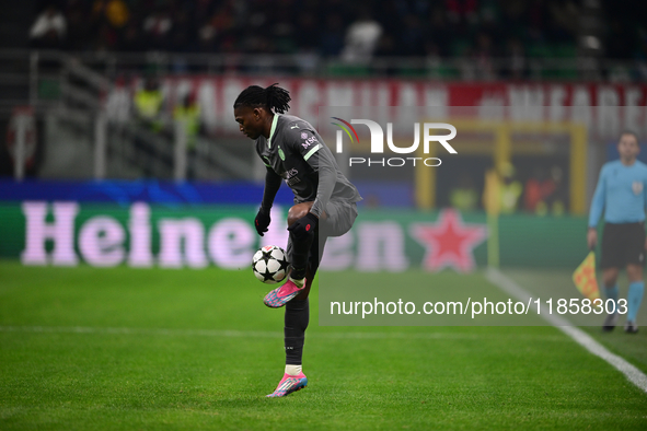 Rafael Leao of AC Milan is in action during the UEFA Champions League match between AC Milan and FK Crvena Zvezda at Giuseppe Meazza in Mila...