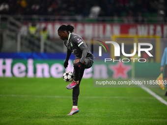 Rafael Leao of AC Milan is in action during the UEFA Champions League match between AC Milan and FK Crvena Zvezda at Giuseppe Meazza in Mila...