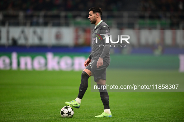 Theo Hernandez of AC Milan looks on during the UEFA Champions League match between AC Milan and FK Crvena Zvezda at Giuseppe Meazza in Milan...