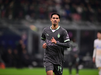 Tjjani Reijnders of AC Milan looks on during the UEFA Champions League match between AC Milan and FK Crvena Zvezda at Giuseppe Meazza in Mil...