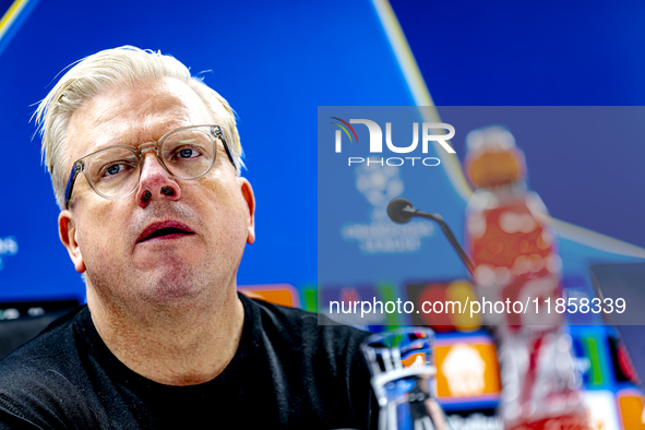 Sparta Praha trainer Lars Friis speaks during the press conference after the match between Feyenoord and Sparta Praha at Stadium De Kuip for...