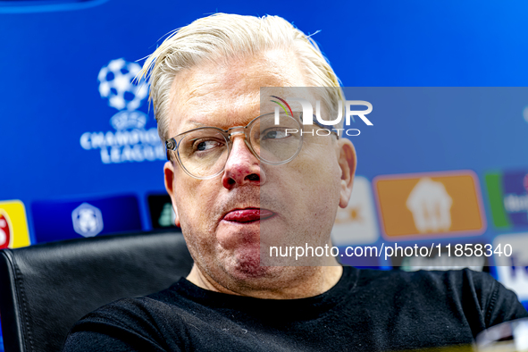 Sparta Praha trainer Lars Friis speaks during the press conference after the match between Feyenoord and Sparta Praha at Stadium De Kuip for...