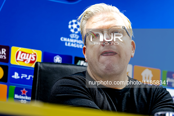 Sparta Praha trainer Lars Friis speaks during the press conference after the match between Feyenoord and Sparta Praha at Stadium De Kuip for...