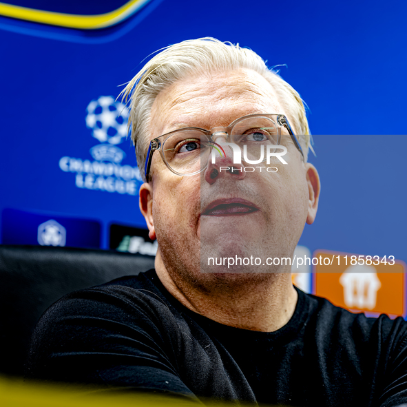 Sparta Praha trainer Lars Friis speaks during the press conference after the match between Feyenoord and Sparta Praha at Stadium De Kuip for...