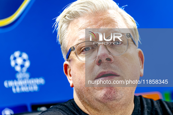 Sparta Praha trainer Lars Friis speaks during the press conference after the match between Feyenoord and Sparta Praha at Stadium De Kuip for...