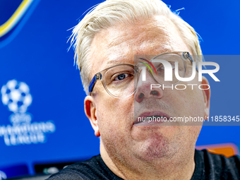 Sparta Praha trainer Lars Friis speaks during the press conference after the match between Feyenoord and Sparta Praha at Stadium De Kuip for...