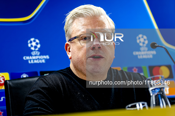 Sparta Praha trainer Lars Friis speaks during the press conference after the match between Feyenoord and Sparta Praha at Stadium De Kuip for...