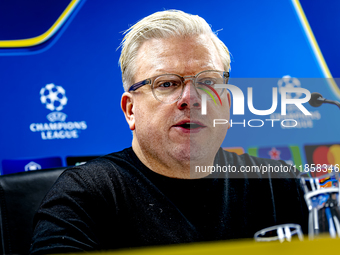 Sparta Praha trainer Lars Friis speaks during the press conference after the match between Feyenoord and Sparta Praha at Stadium De Kuip for...