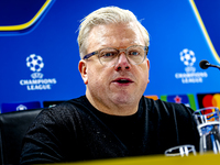 Sparta Praha trainer Lars Friis speaks during the press conference after the match between Feyenoord and Sparta Praha at Stadium De Kuip for...