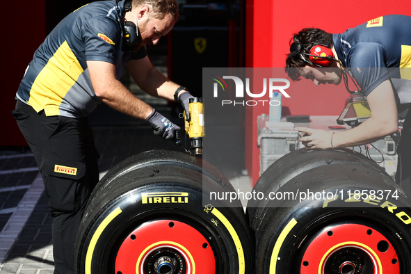 Pirelli workers during the Formula 1 post-season testing at Yas Marina Cicuit in Abu Dhabi, United Arab Emirates on December 10, 2024. 