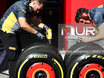 Pirelli workers during the Formula 1 post-season testing at Yas Marina Cicuit in Abu Dhabi, United Arab Emirates on December 10, 2024. (