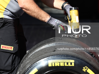 Pirelli workers during the Formula 1 post-season testing at Yas Marina Cicuit in Abu Dhabi, United Arab Emirates on December 10, 2024. (