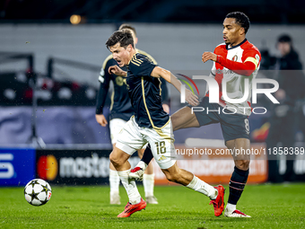 Feyenoord Rotterdam midfielder Quinten Timber participates in the match between Feyenoord and Sparta Praha at Stadium De Kuip for the Champi...