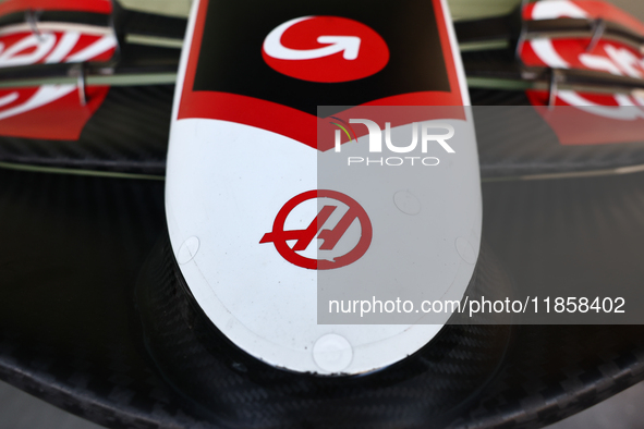 Haas logo during the Formula 1 post-season testing at Yas Marina Cicuit in Abu Dhabi, United Arab Emirates on December 10, 2024. 