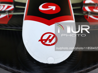 Haas logo during the Formula 1 post-season testing at Yas Marina Cicuit in Abu Dhabi, United Arab Emirates on December 10, 2024. (