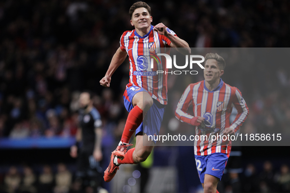 Julian Alvarez of Atletico de Madrid celebrates a goal during UEFA champions league 2024/25 match between Atletico de Madrid and Slovan Brat...