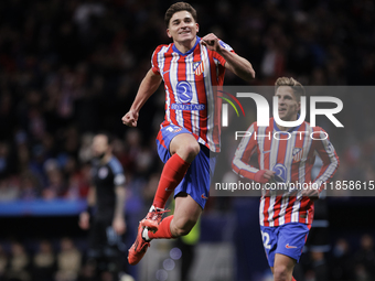 Julian Alvarez of Atletico de Madrid celebrates a goal during UEFA champions league 2024/25 match between Atletico de Madrid and Slovan Brat...