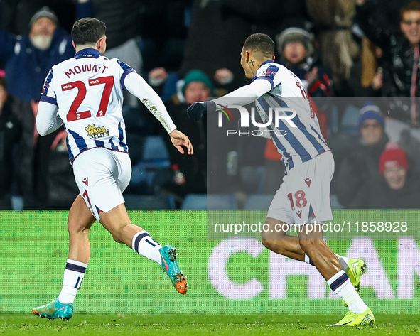 #27, Alex Mowatt of WBA races to the corner with #18, Karlan Grant following as he celebrates his goal during the Sky Bet Championship match...