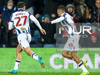 #27, Alex Mowatt of WBA races to the corner with #18, Karlan Grant following as he celebrates his goal during the Sky Bet Championship match...