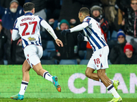 #27, Alex Mowatt of WBA races to the corner with #18, Karlan Grant following as he celebrates his goal during the Sky Bet Championship match...