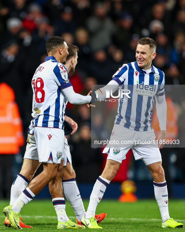 #18, Karlan Grant of WBA is congratulated for his goal by #7, Jed Wallace during the Sky Bet Championship match between West Bromwich Albion...