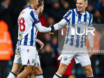 #18, Karlan Grant of WBA is congratulated for his goal by #7, Jed Wallace during the Sky Bet Championship match between West Bromwich Albion...