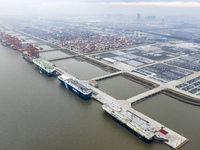 Cars are loaded and unloaded at a ro-ro vehicle terminal for export at Taicang Port area in Suzhou, East China's Jiangsu province, on Decemb...