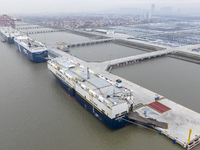 Cars are loaded and unloaded at a ro-ro vehicle terminal for export at Taicang Port area in Suzhou, East China's Jiangsu province, on Decemb...