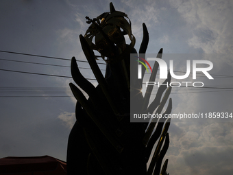 An image of the Virgin of Guadalupe is outside the Basilica of Guadalupe in Mexico City, Mexico, on December 11, 2024, during the celebratio...