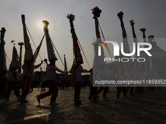 Dancers perform outside the Basilica of Guadalupe in Mexico City, Mexico, on December 11, 2024, during the celebration of the Day of the Vir...