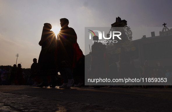 Dancers perform outside the Basilica of Guadalupe in Mexico City, Mexico, on December 11, 2024, during the celebration of the Day of the Vir...