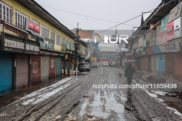 People walk while holding umbrellas during snowfall in Sopore, Jammu and Kashmir, India, on December 12, 2024. 