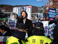 Progressive Party National Assembly Member Jung Hye-kyung delivers a speech calling for the immediate arrest of President Yoon Suk-yeol. Pro...