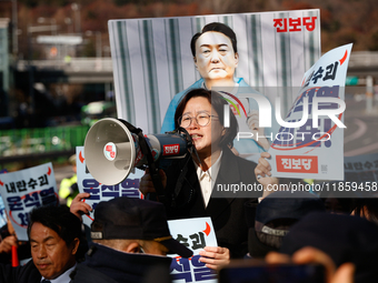 Progressive Party National Assembly Member Jung Hye-kyung delivers a speech calling for the immediate arrest of President Yoon Suk-yeol. Pro...