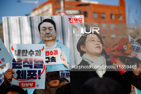 Progressive Party Chairperson Kim Jae-yeon delivers a speech calling for the immediate arrest of President Yoon Suk-yeol. Alongside National...