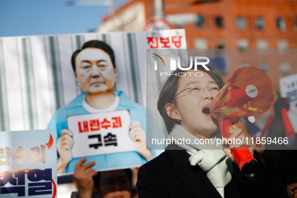 Progressive Party Chairperson Kim Jae-yeon delivers a speech calling for the immediate arrest of President Yoon Suk-yeol. Alongside National...