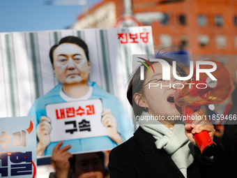 Progressive Party Chairperson Kim Jae-yeon delivers a speech calling for the immediate arrest of President Yoon Suk-yeol. Alongside National...