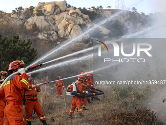 A comprehensive combat drill for forest fire emergency response takes place in Qingdao, China, on December 11, 2024. (