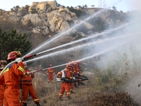 A comprehensive combat drill for forest fire emergency response takes place in Qingdao, China, on December 11, 2024. (