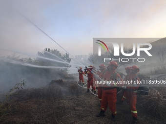 A comprehensive combat drill for forest fire emergency response takes place in Qingdao, China, on December 11, 2024. (